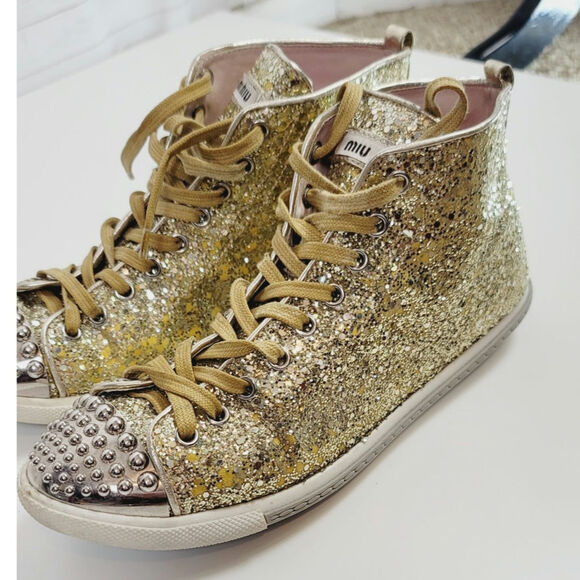 MIU MIU Gold Glitter High Tops w Silver Studded Cap Toe Sneakers, sz 38 EU/ 8 US - Picture 7 of 16